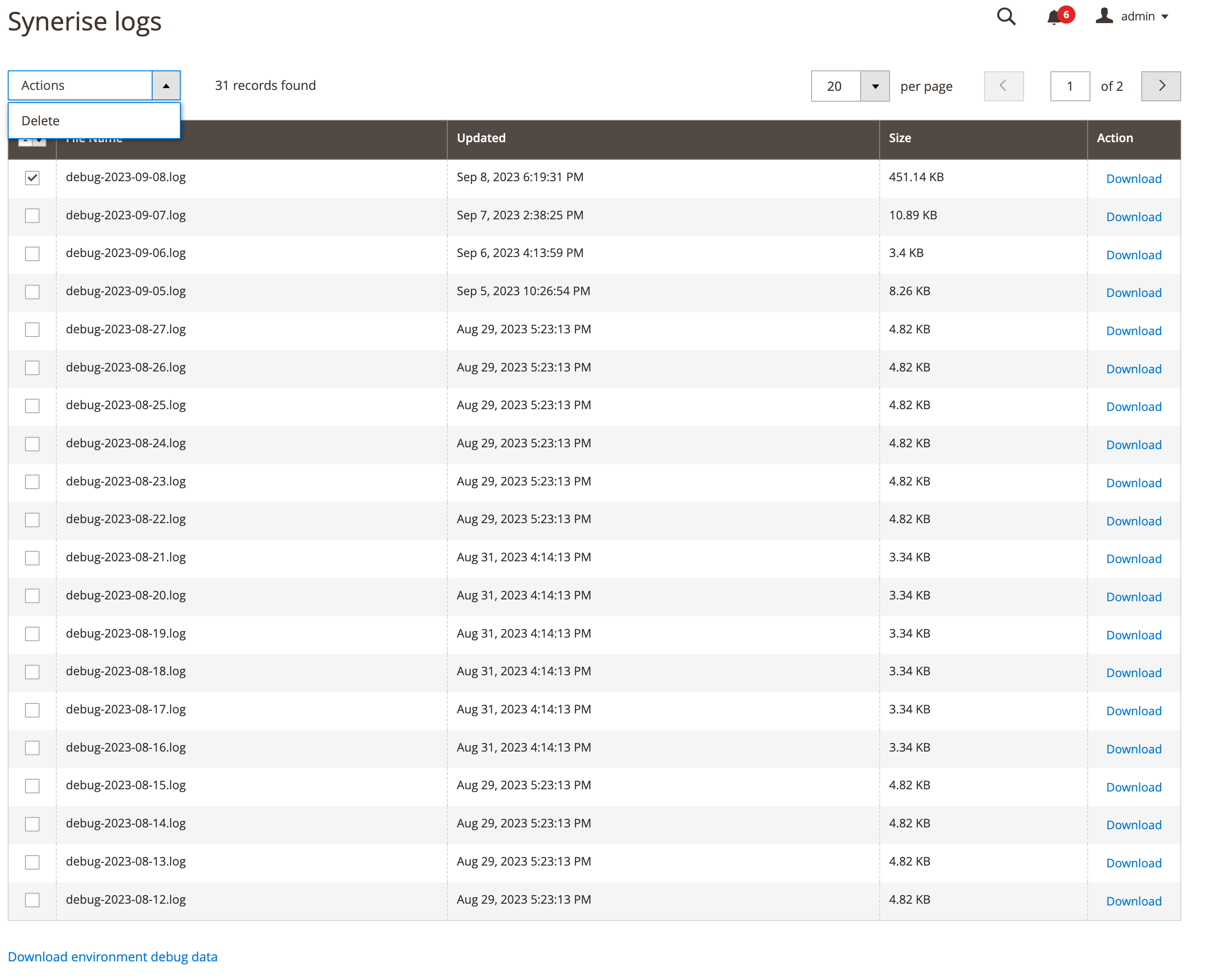 The Synerise logs section in the Magento panel