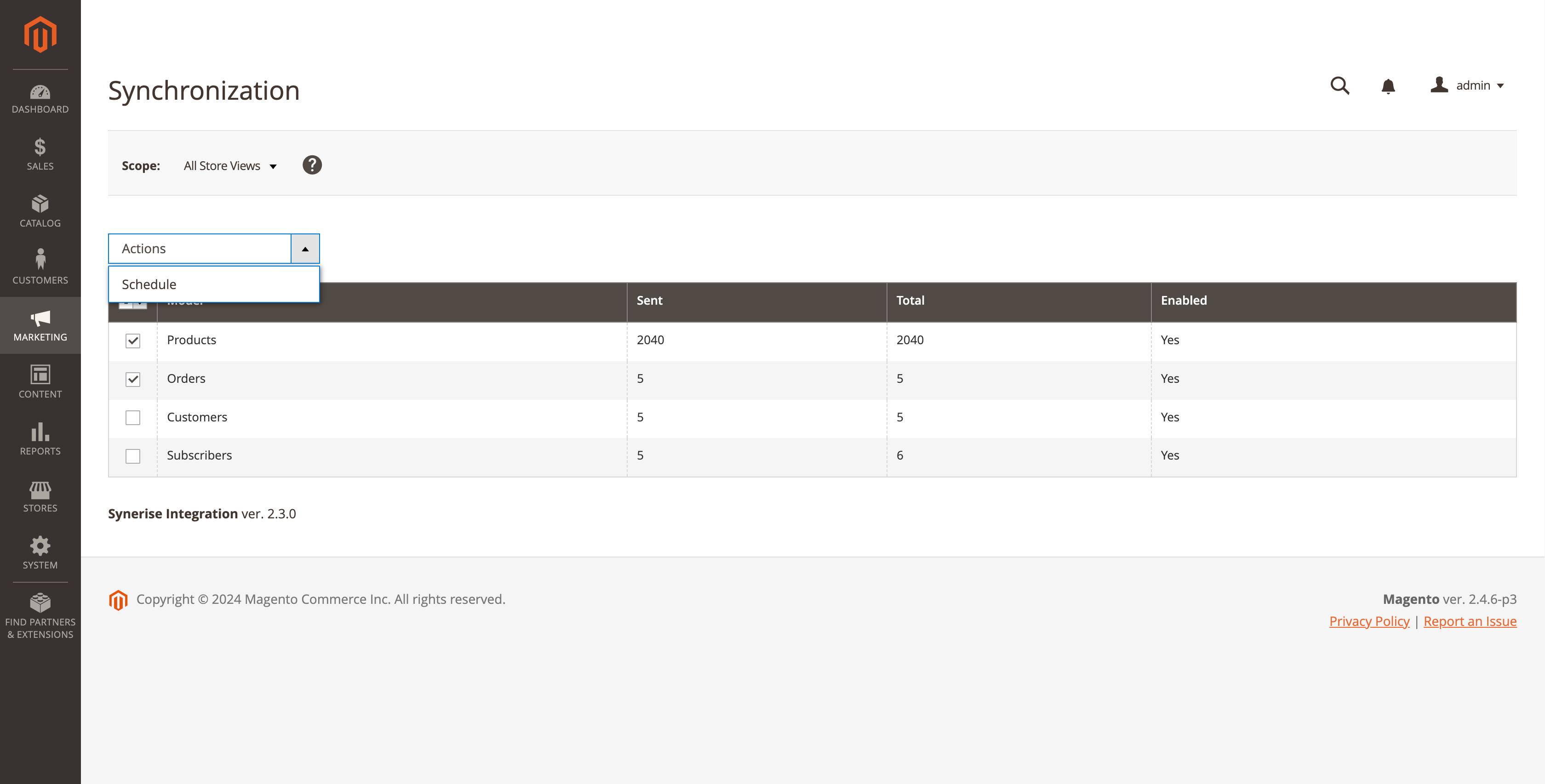 The Synchronization section in the Magento panel
