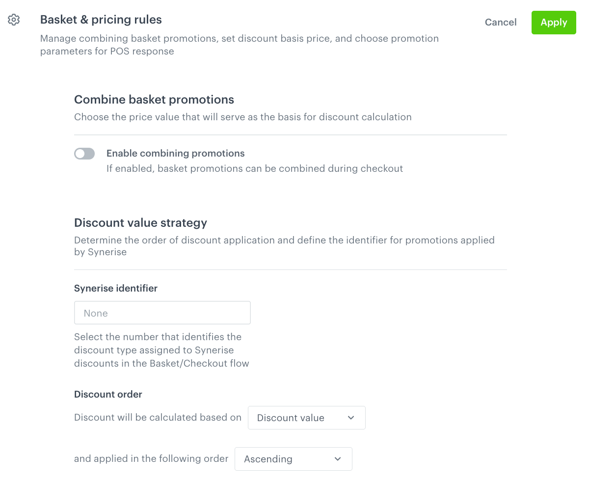 The Basket and pricing rules section of the global promotion settings