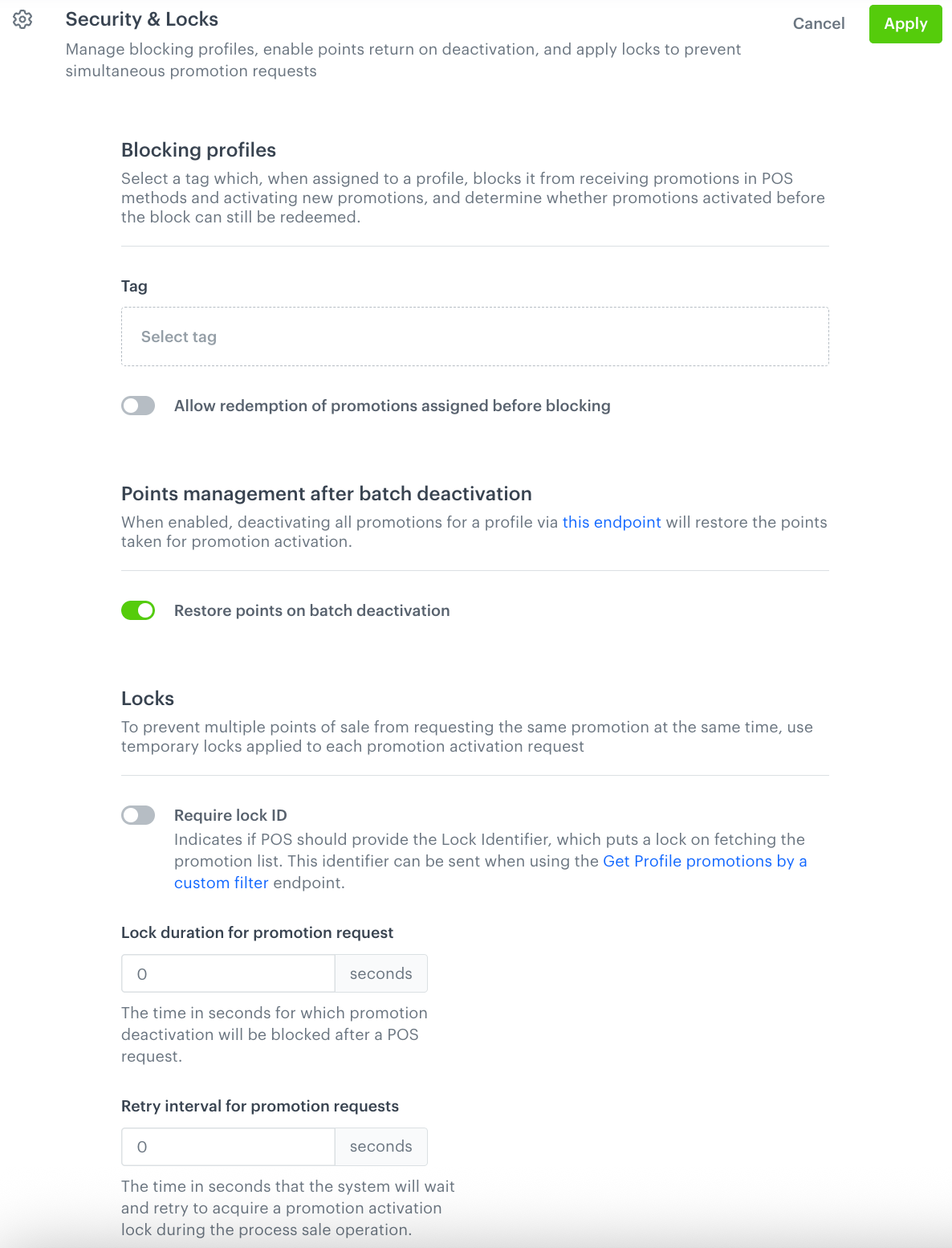 The Security and Locks section of the global promotion settings