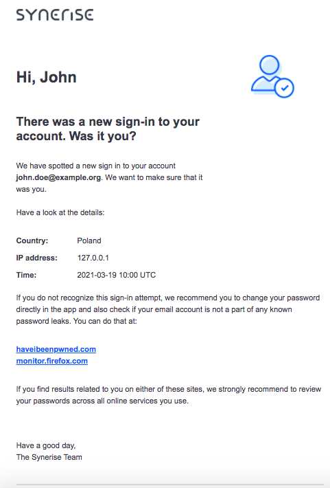 Template for email with information about sign in from unknown device