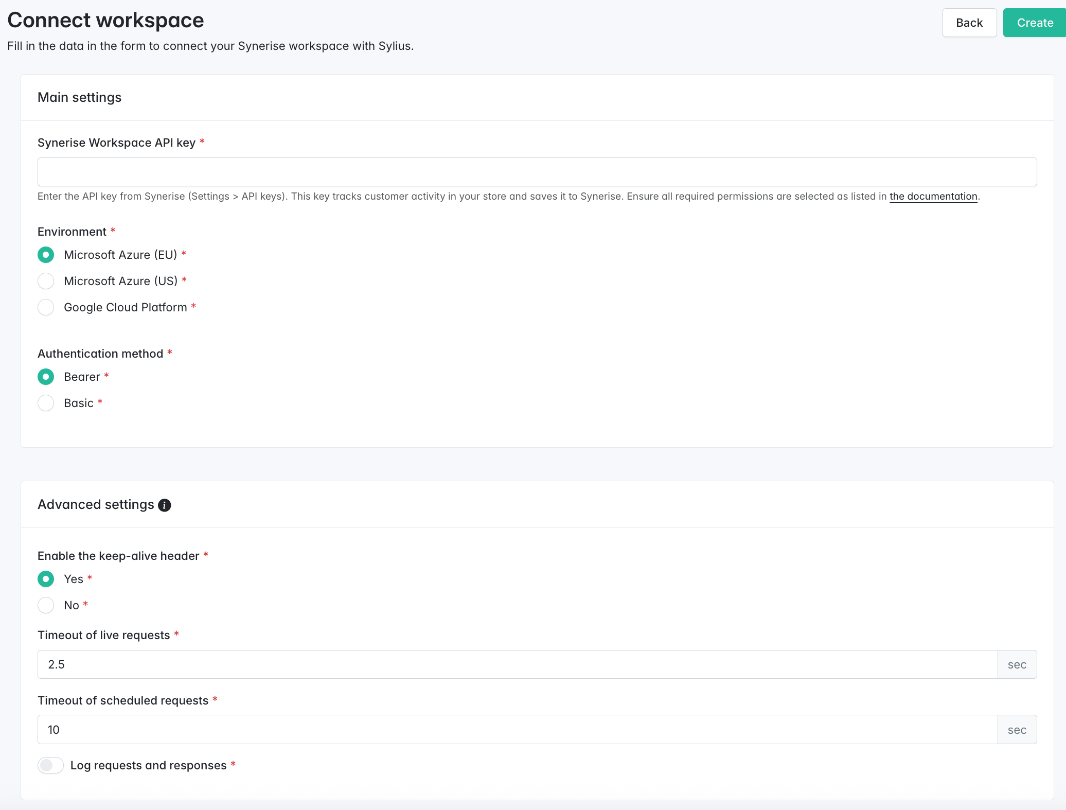 A form which lets you connect Synerise and Sylius workspaces