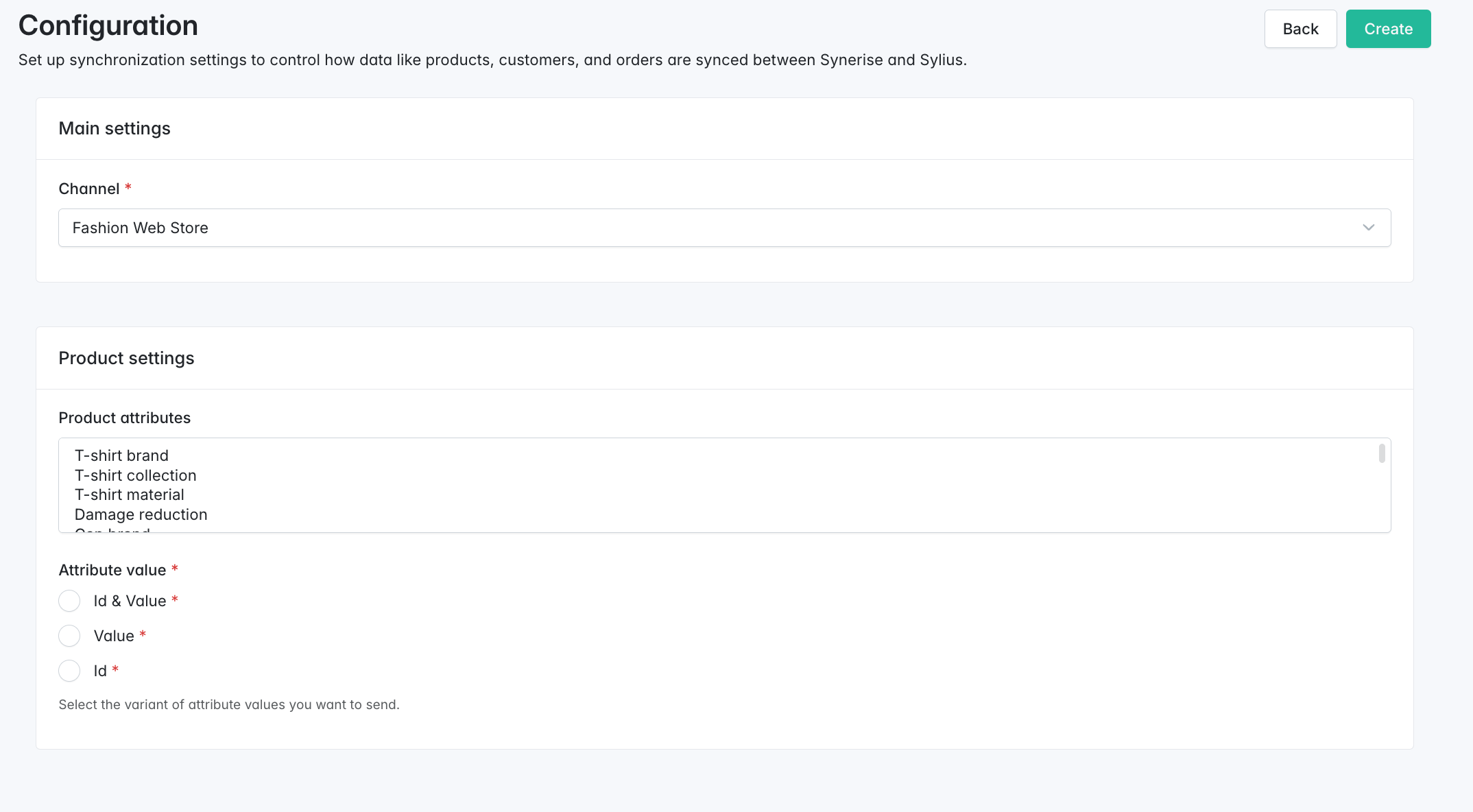 A blank synchronization form in which you must select the Sylius website and define product settings for synchronization