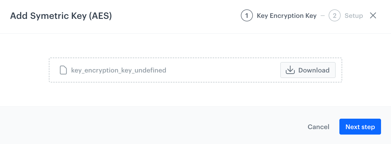A pop-up with a key encryption key for downloading