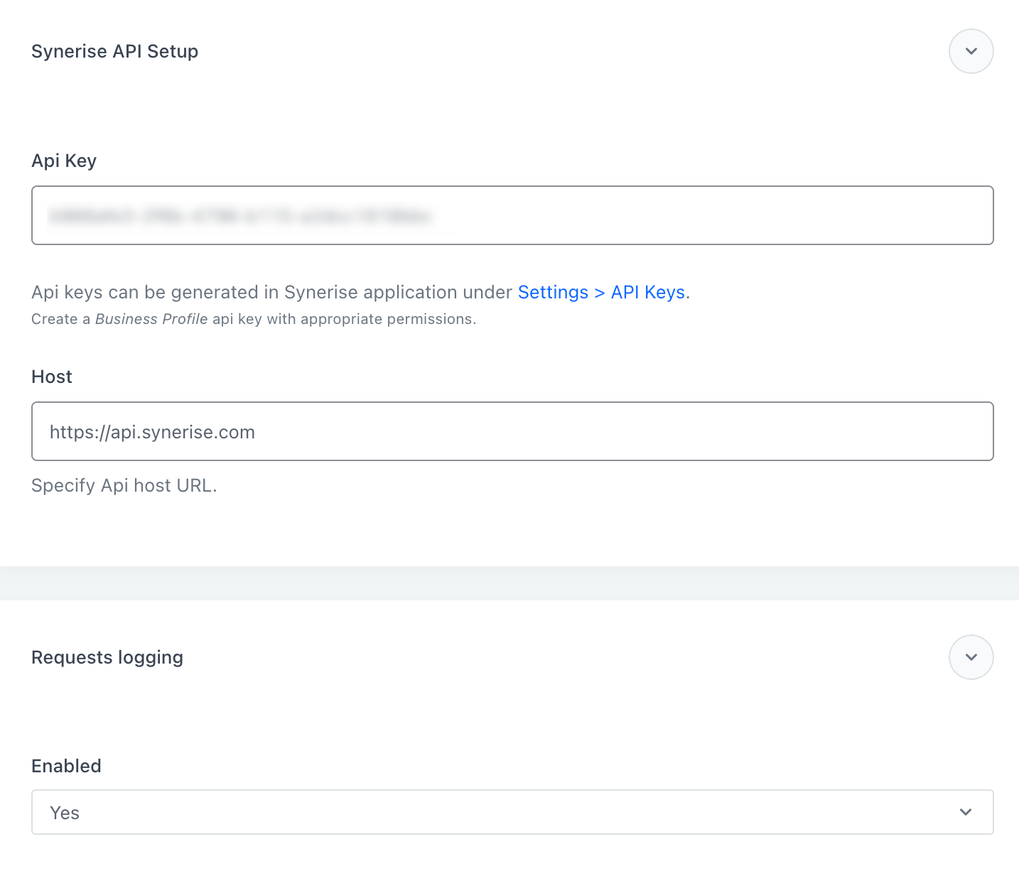 The configuration of the API section