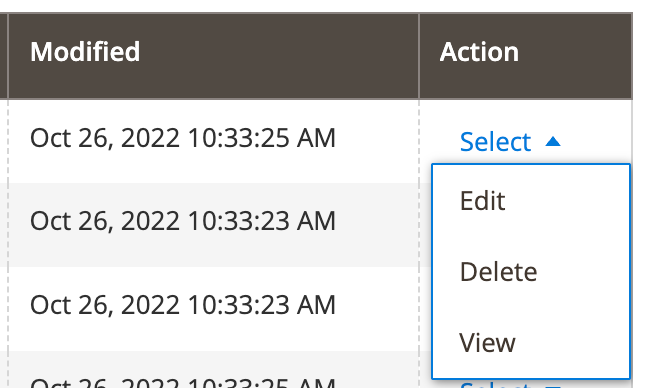 Action selection on the list of pages