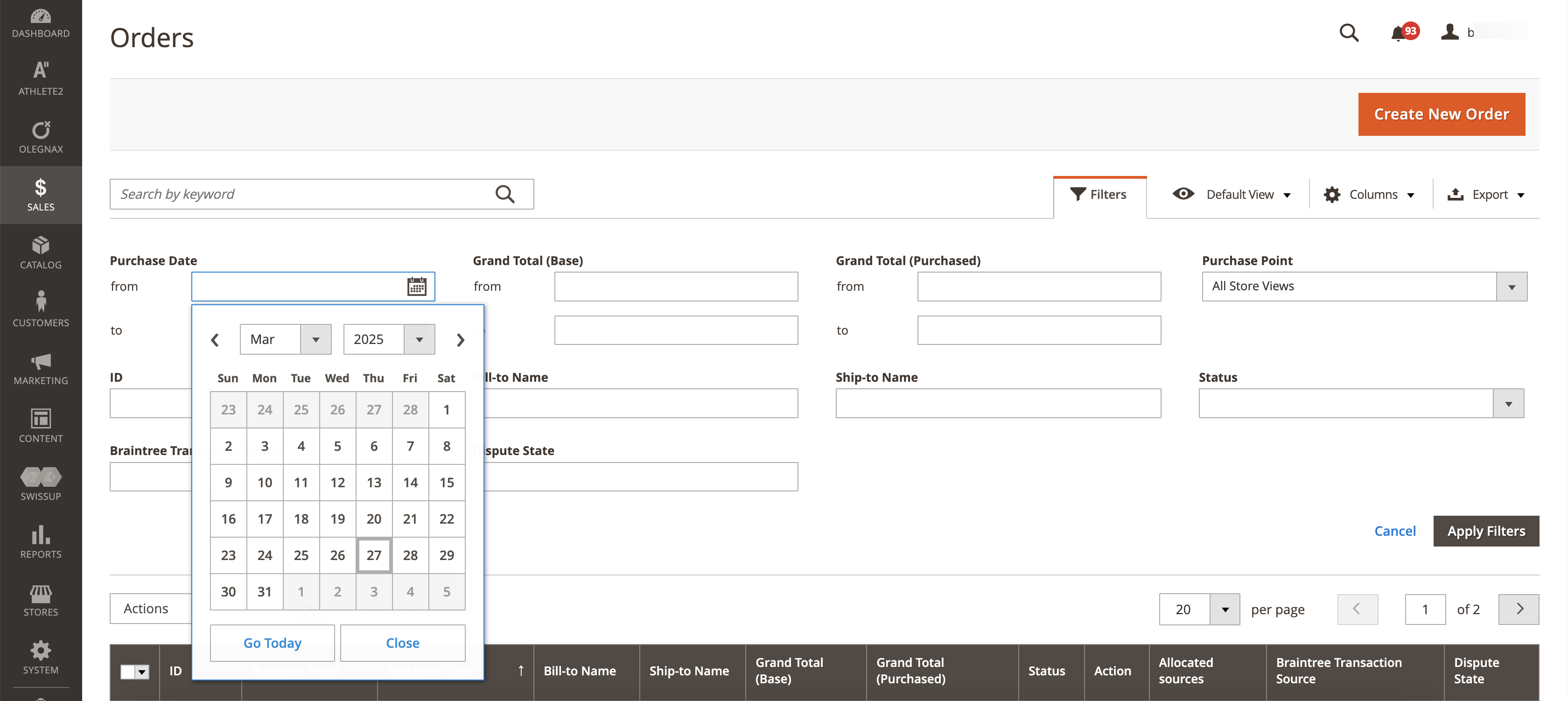 The view of filters in the Orders module