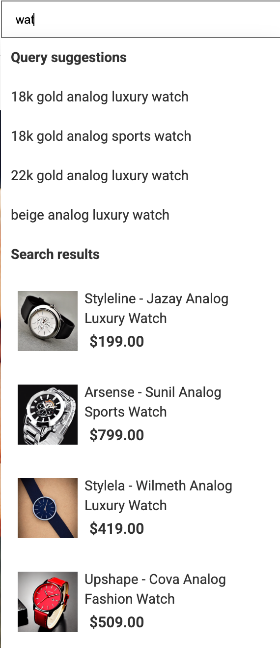 Query suggestions show with search results as a search query is being typed