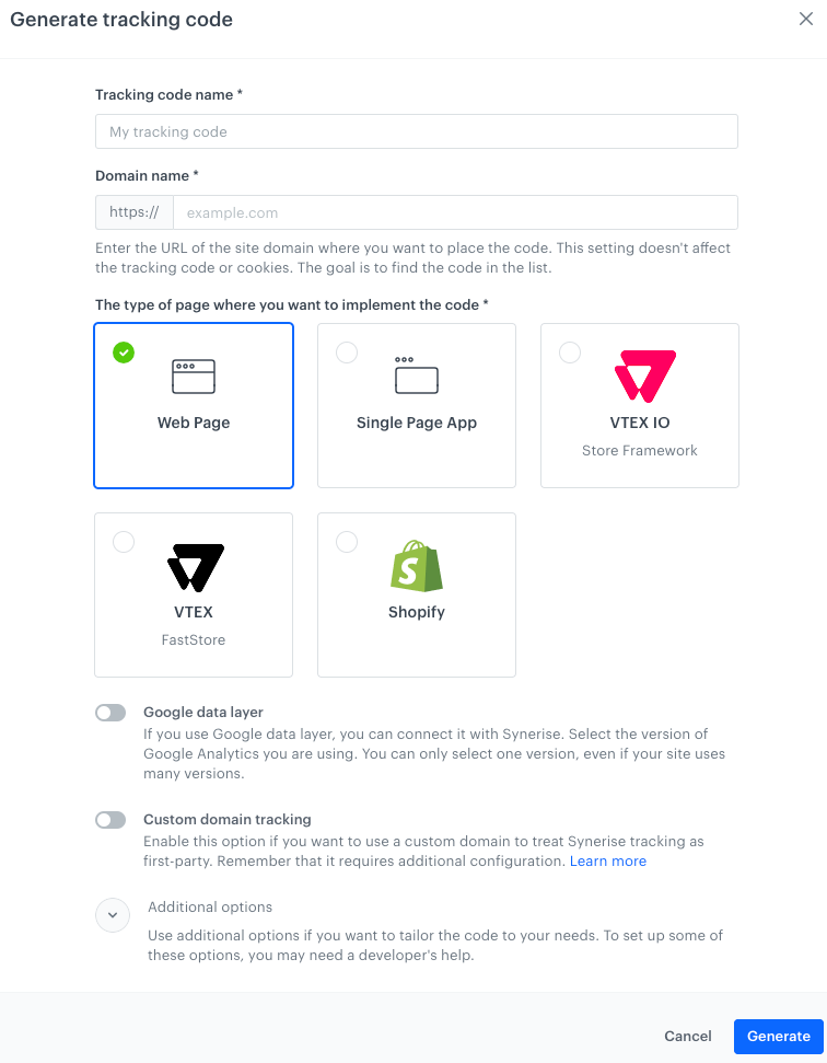 Tracking code creation form