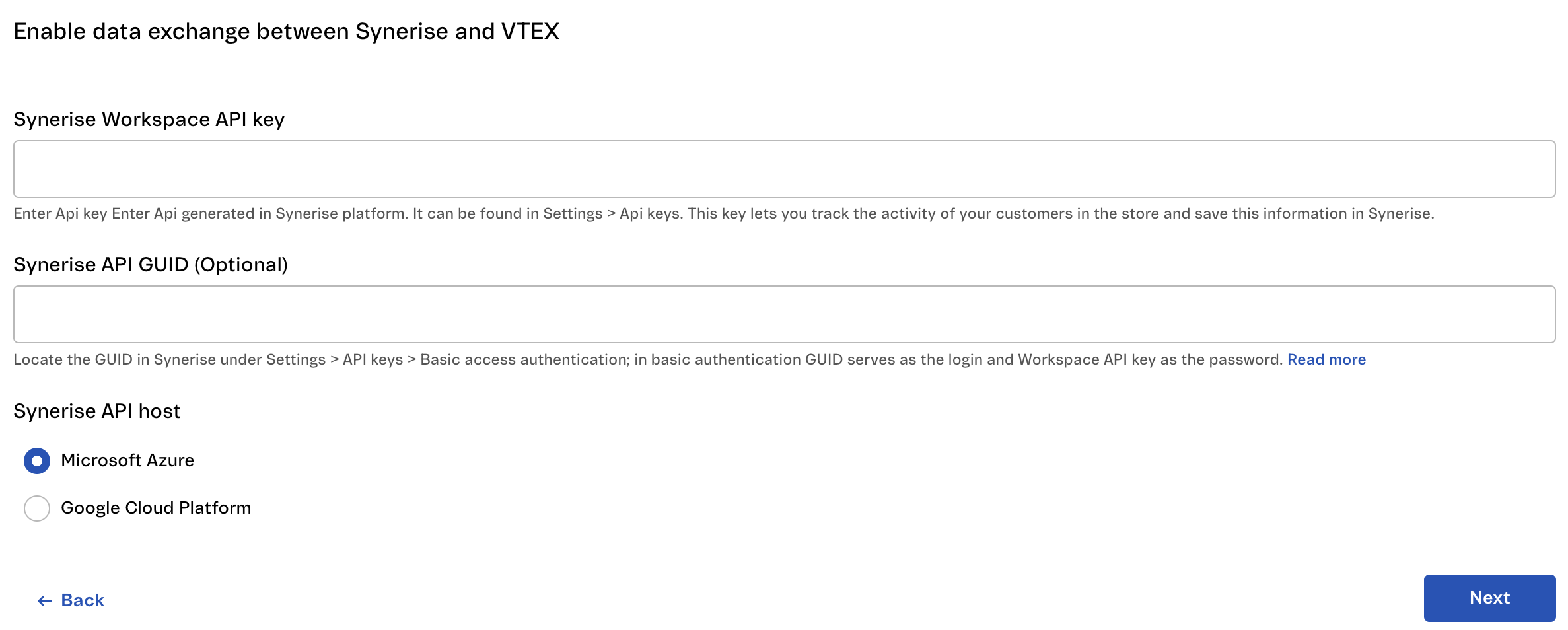 Blank configuration form for enabling data exchange between Synerise and VTEX