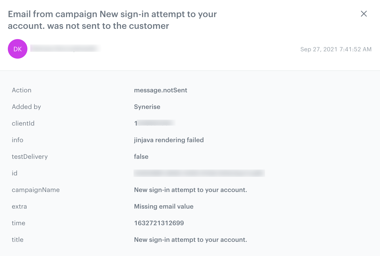 Event parameters of the message.notSent event