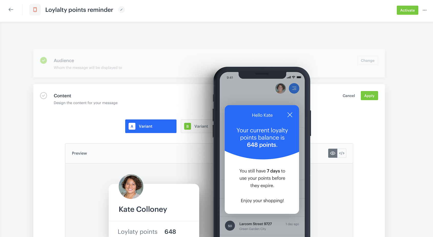 In-app message example