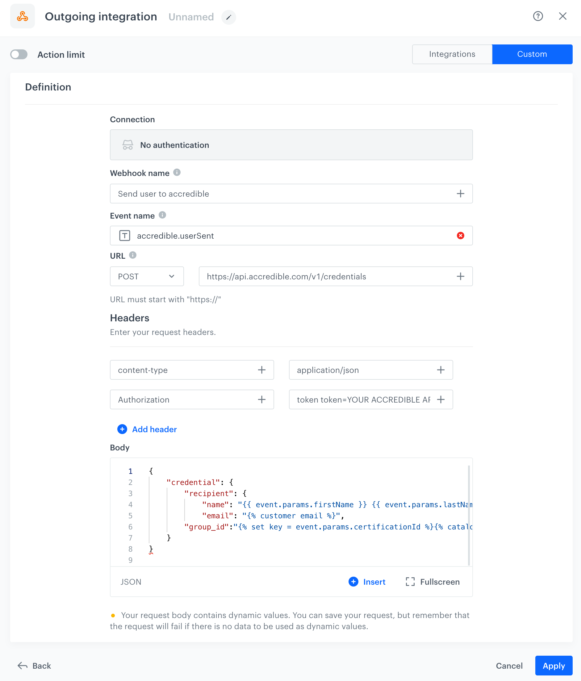 Configuration of the Outgoing Integration node