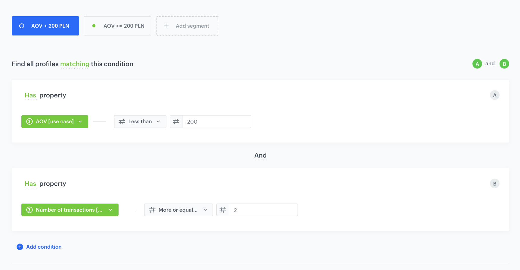 The view of the configuration of the segmentation for AOV less than 200 PLN