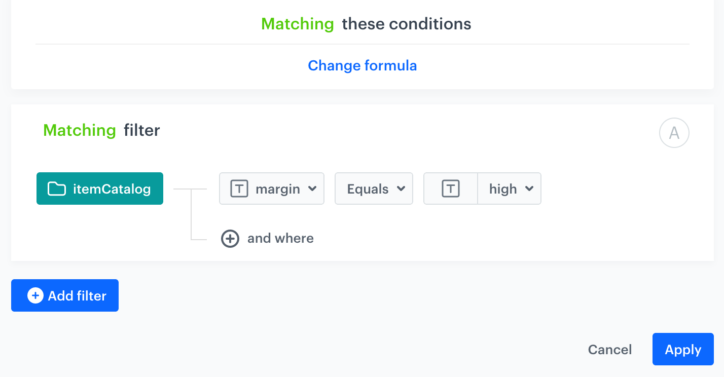 Visual Builder screenshot: boosting filter that matches high-margin items