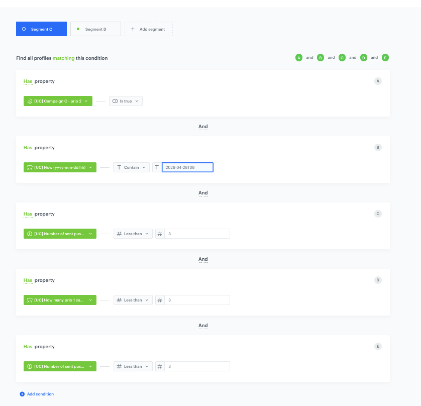 Configuration of segments in the medium priority split audience segmentation