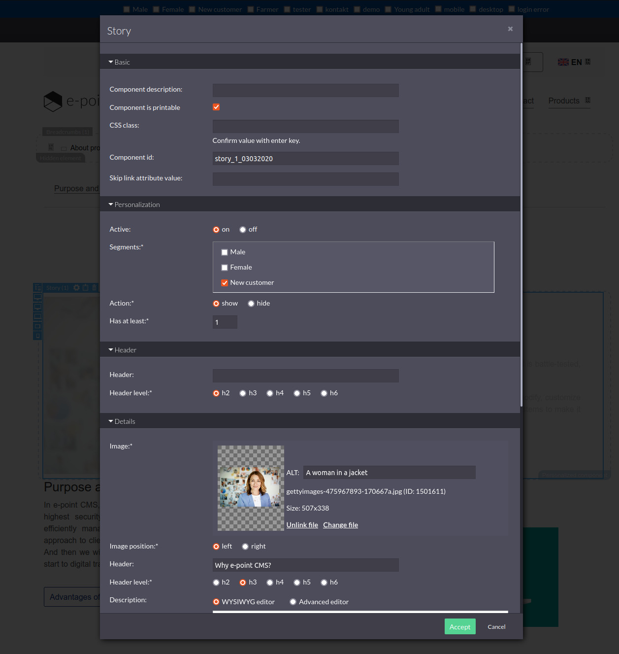 e-point CMS component configuration panel