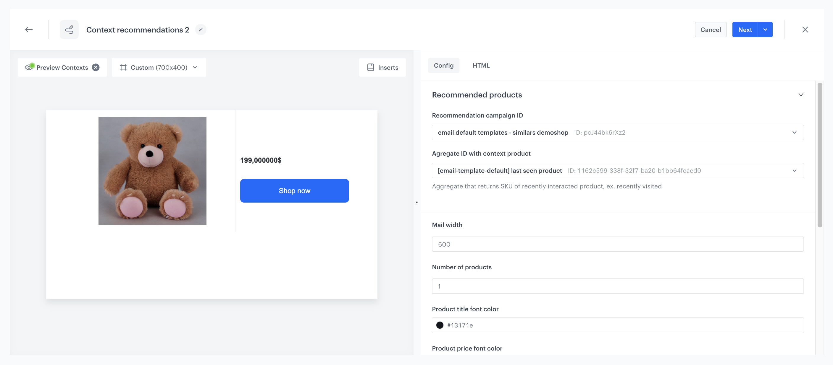 The view of the html block configuration