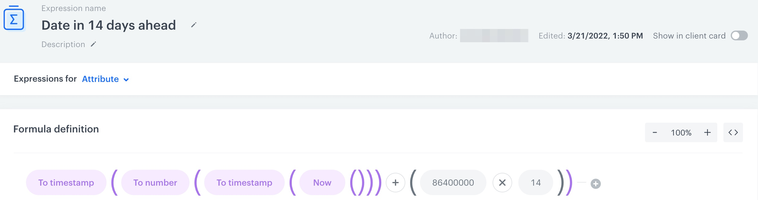 The configuration of the expression that returns the date 14 days ahead