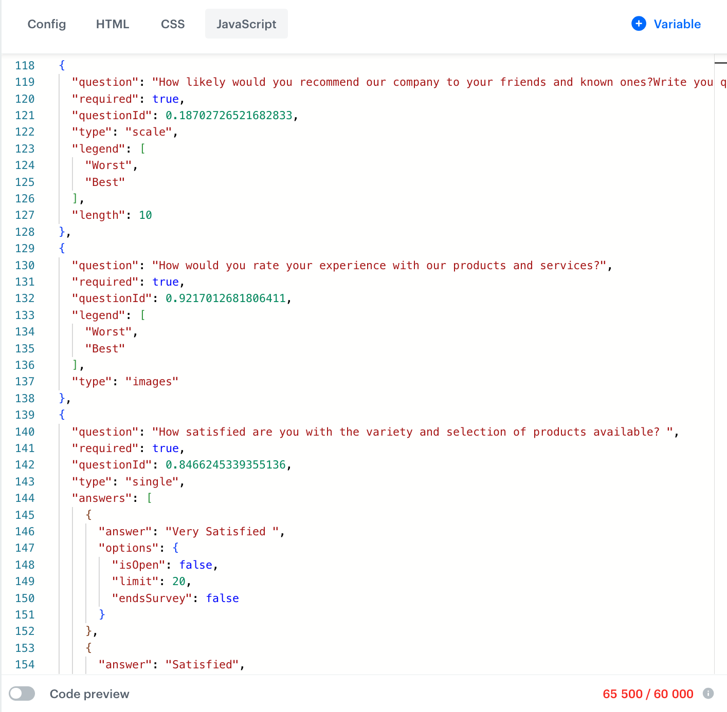 Javascript object with questions and answers