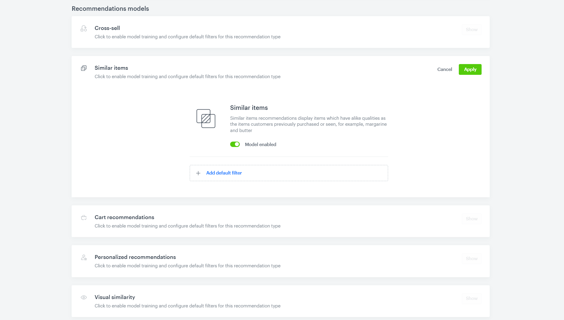 Default filters in recommendations