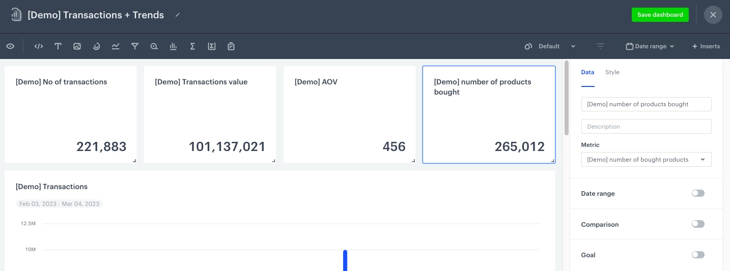 The view of the configuration of the metric on the dashboard