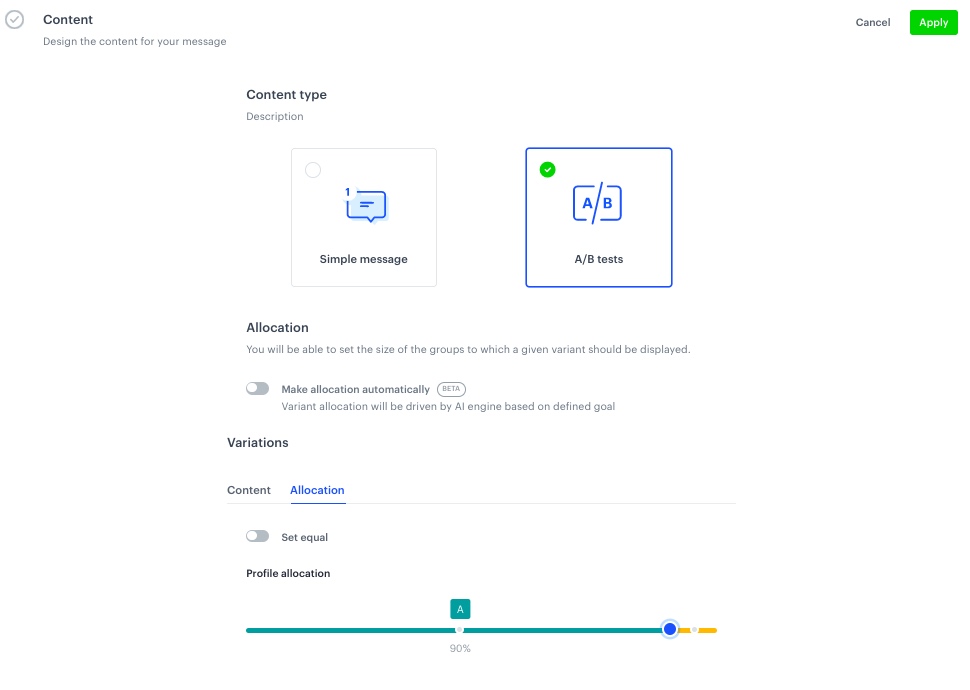 The view of Define content configuration