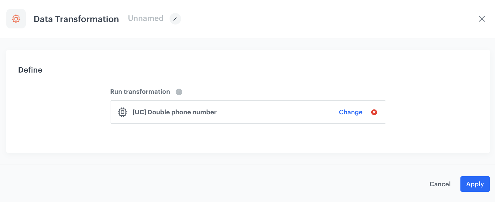 The configuration of the Data Transformation node