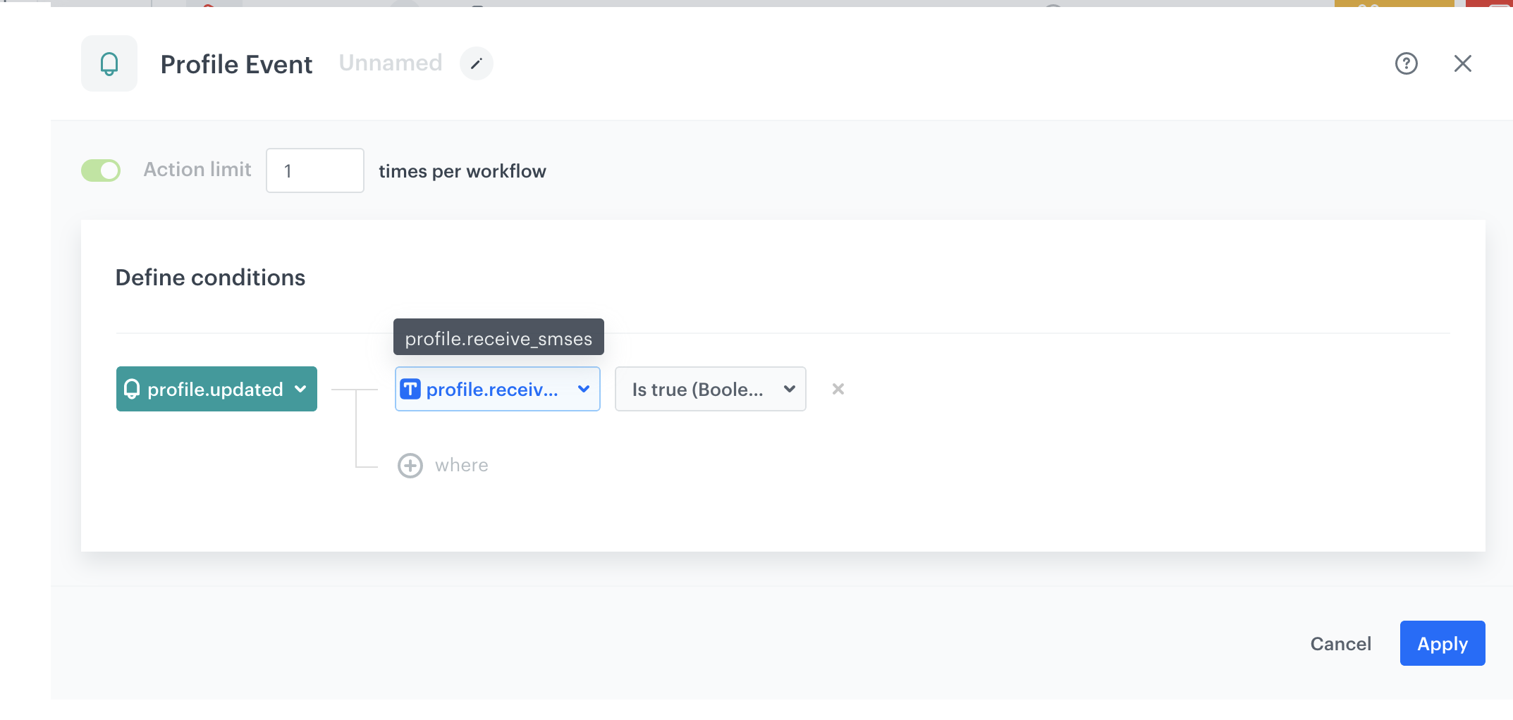 The view of the Profile Event node configuration