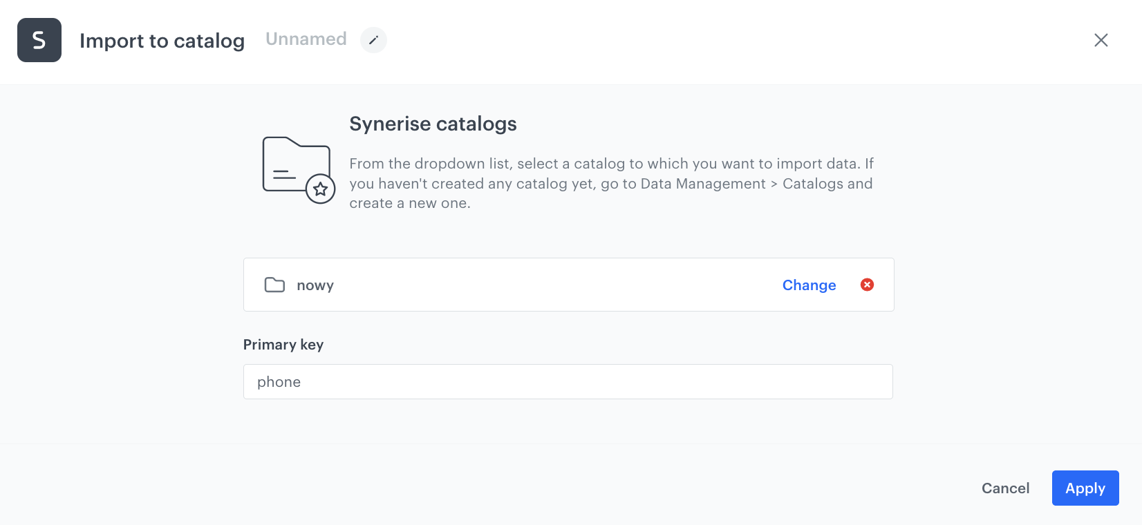 The configuration of the Import to Catalog node