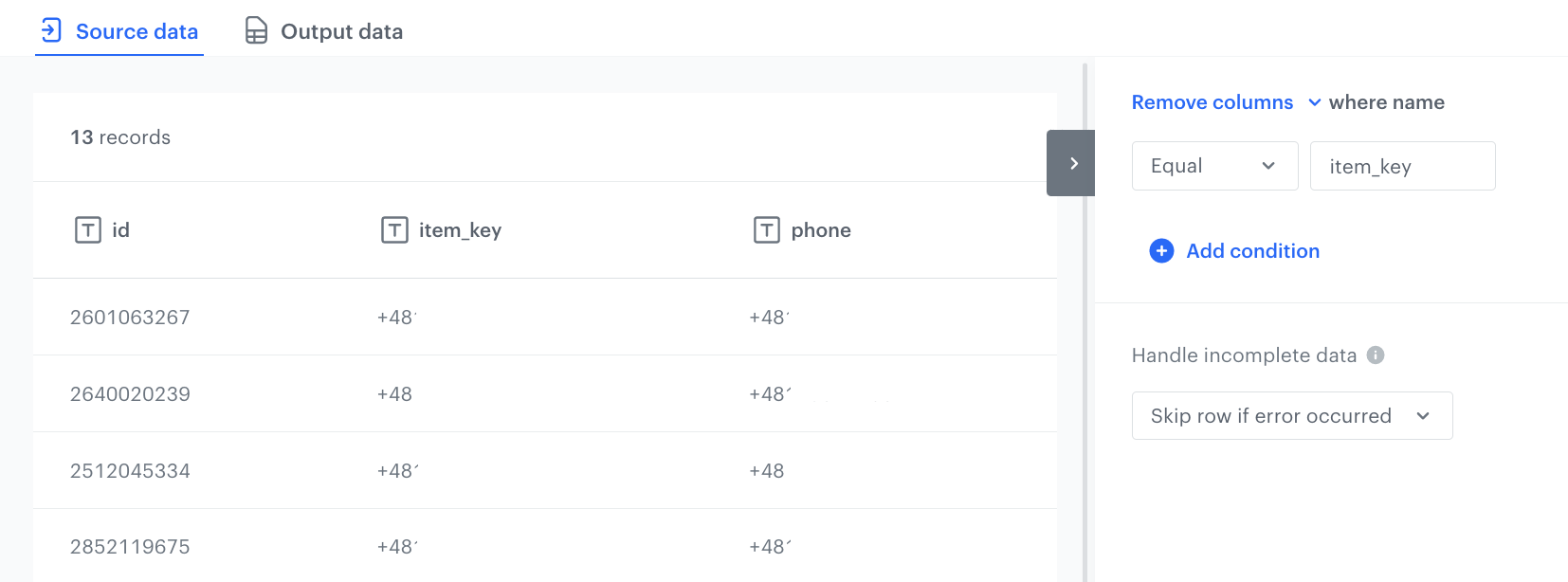 The configuration of the Remove columns node