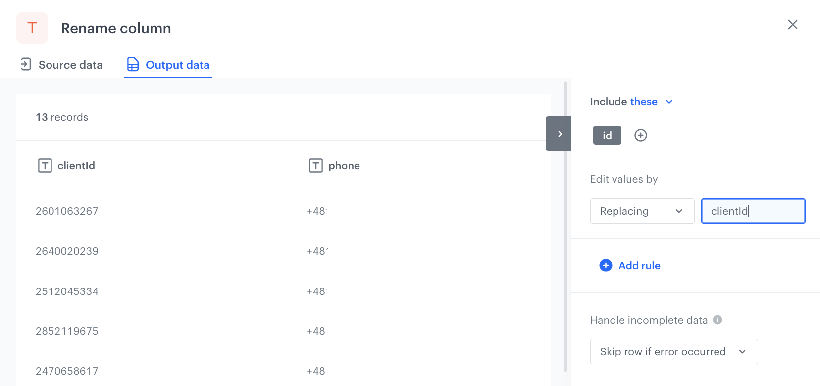 The configuration of the Rename column node