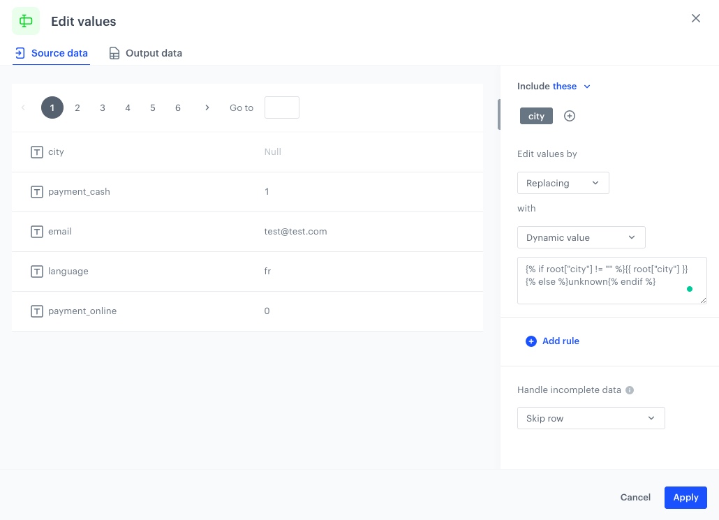 The view of the configuration of the Edit values node