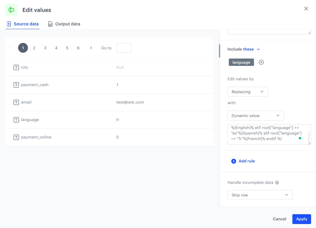 The view of the configuration of the Edit values node