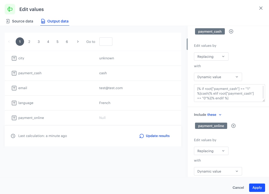 Output data after applying Edit values node