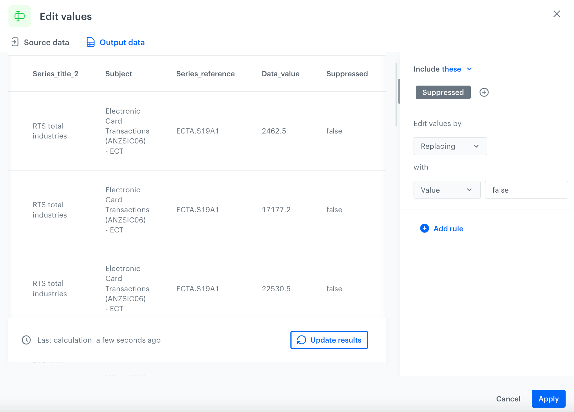 Output data after applying Edit values node