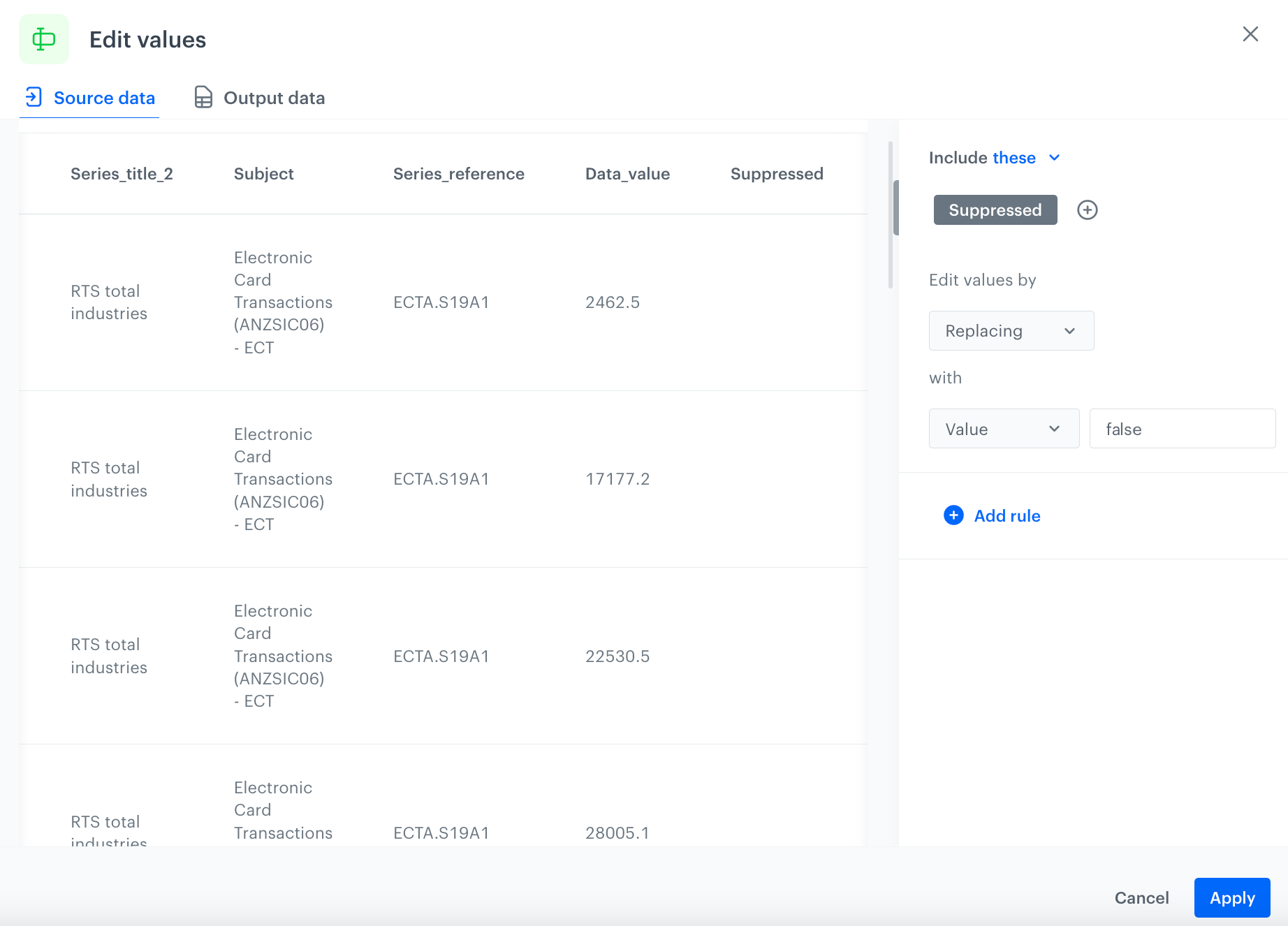 The configuration of the Edit values node