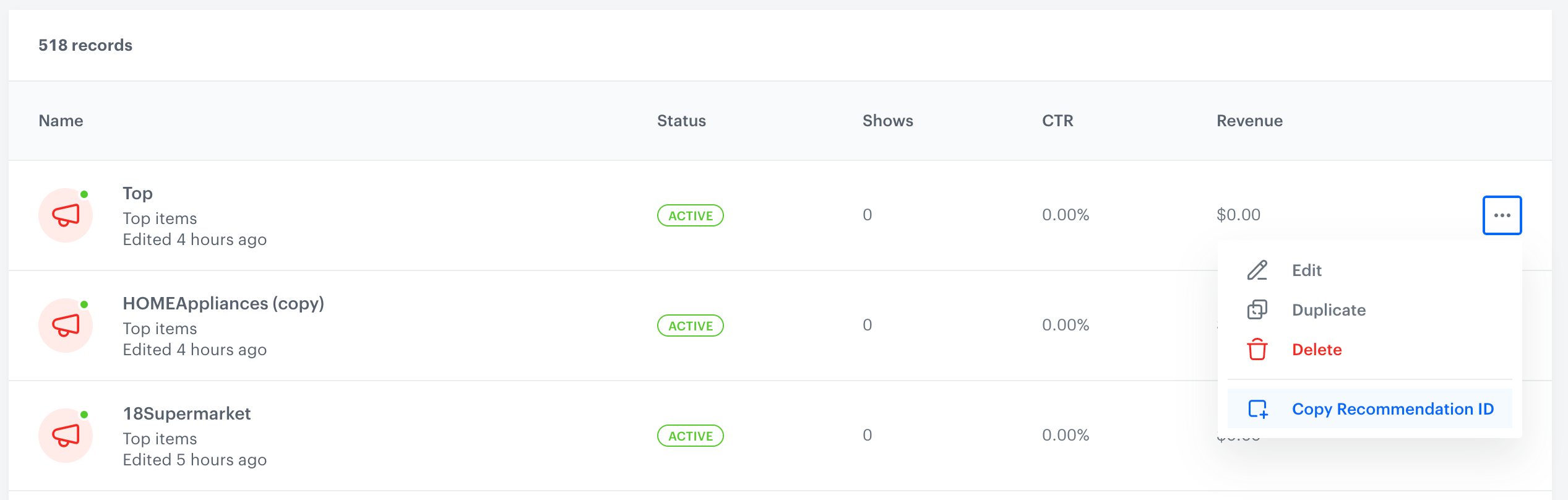 Screenshot presenting site with list of campaign