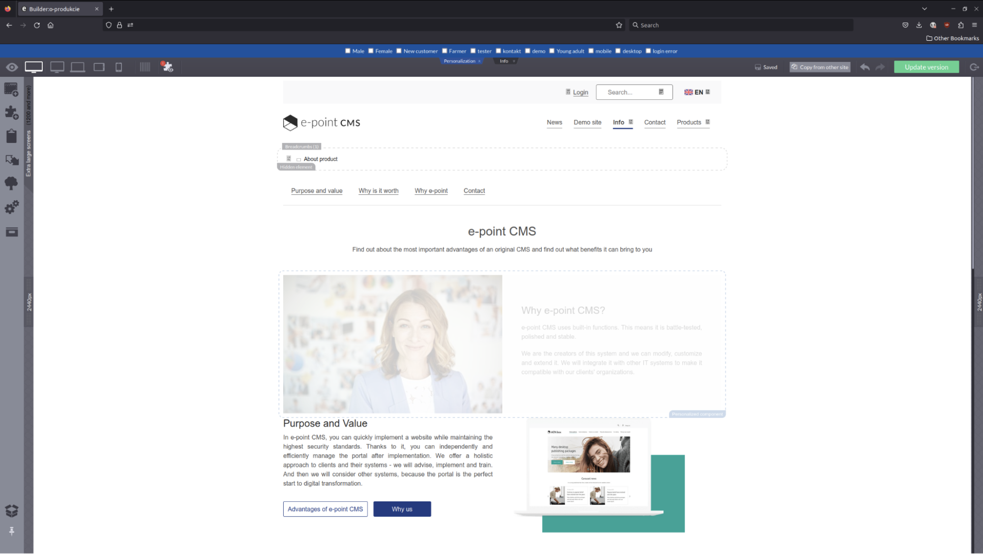 e-point CMS Visual Builder with hidden component