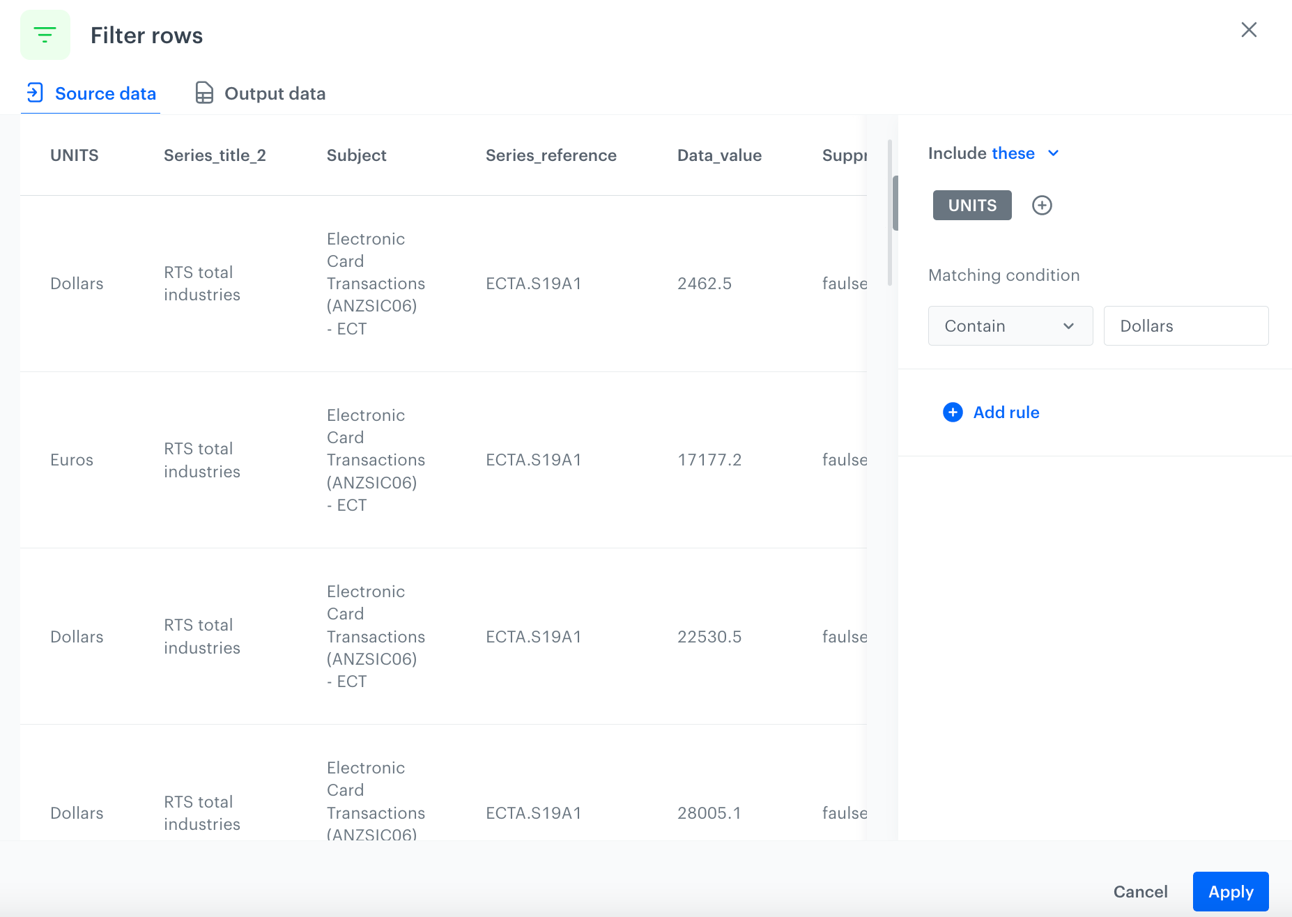 The configuration of the Filter rows node