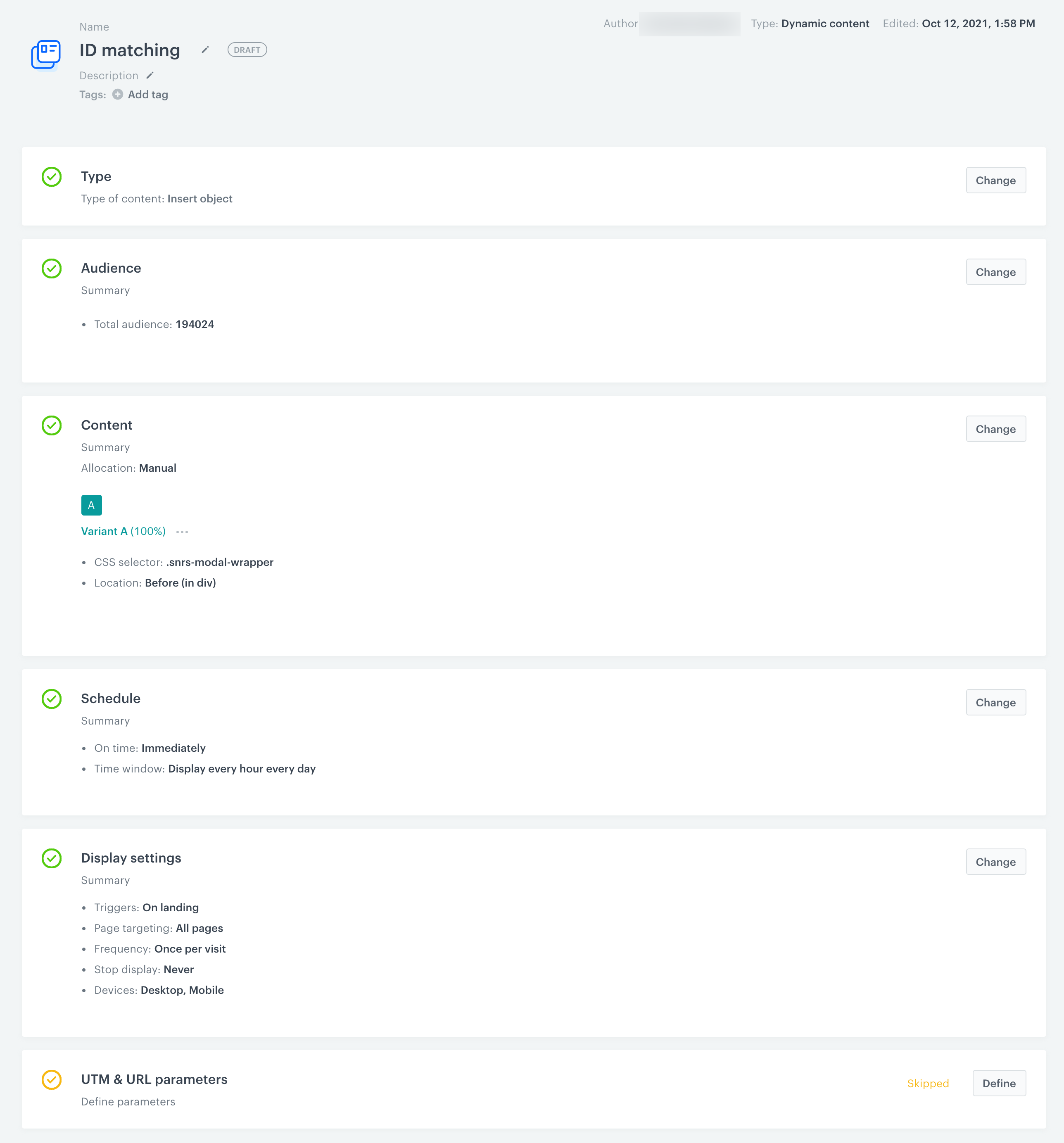 The dynamic content configuration of the matching pixel