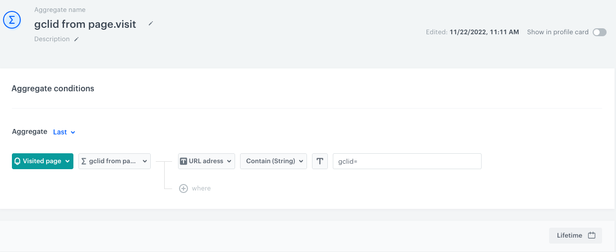 The configuration of the aggregate that retrieves the value of gclid parameter from the latest visit to the page
