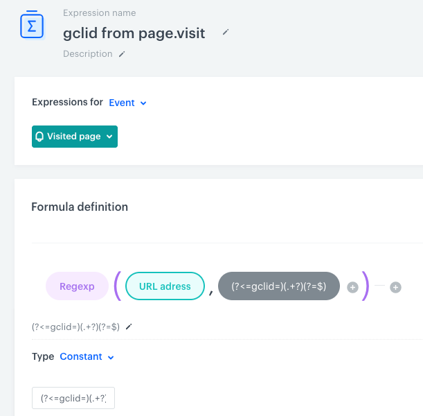 The configuration of the expression that retrieves the value of gclid parameter from the URL