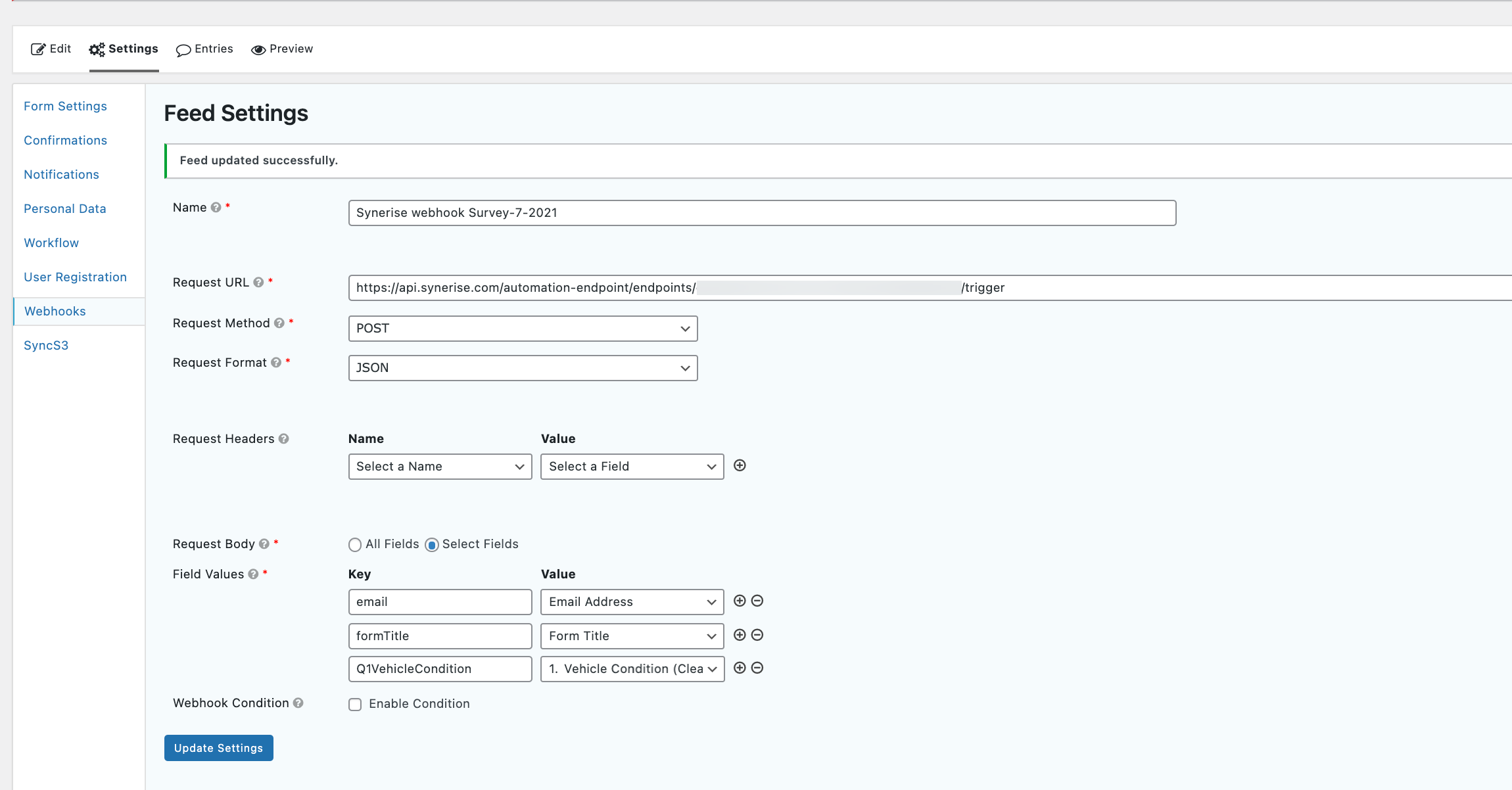Configuration of the Gravity form webhooks