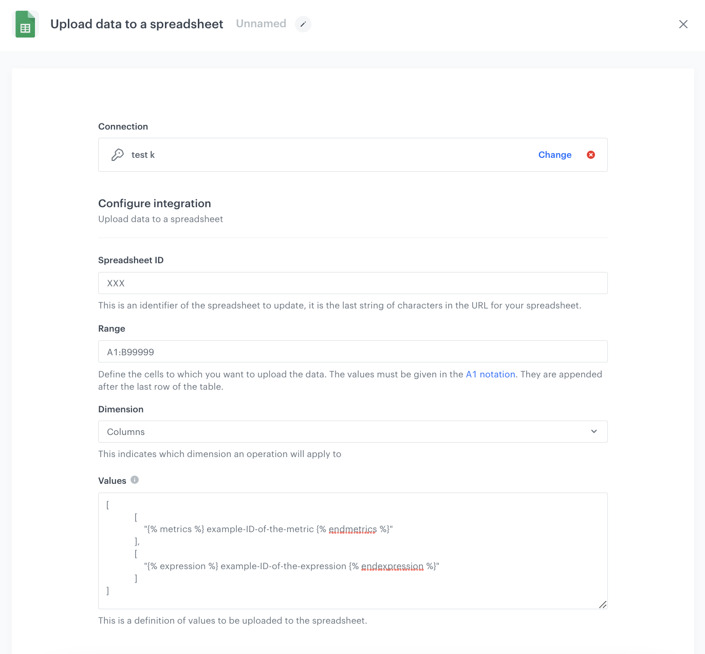 The configuration of the Upload Data to Spreadsheet node