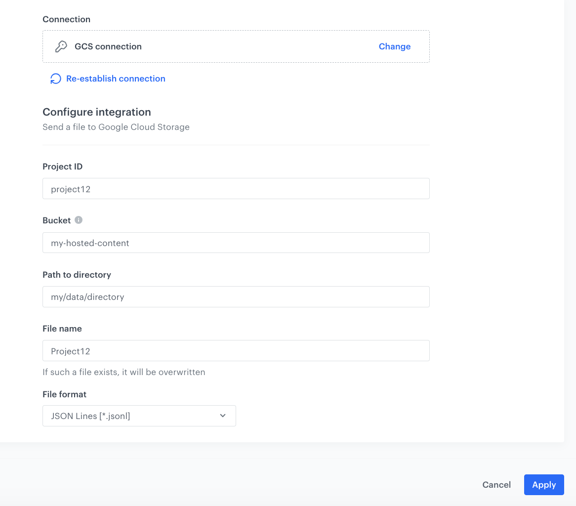The configuration of the Send file to Google Cloud Storage node