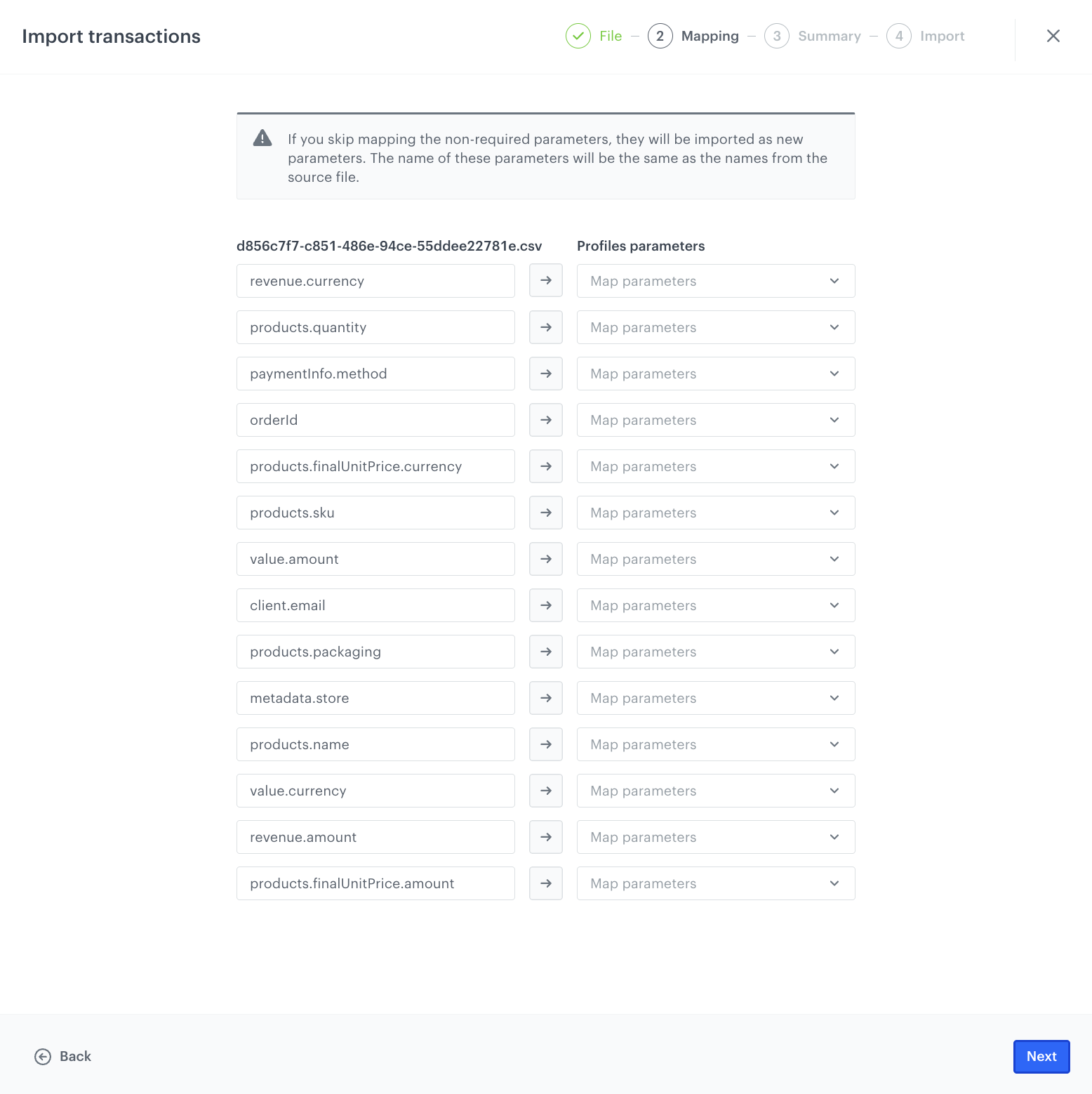 Mapping the columns with parameters