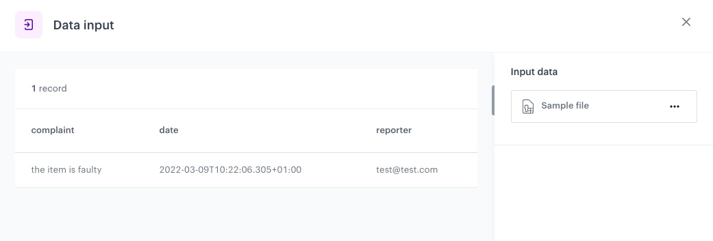 The configuration of the Data input node
