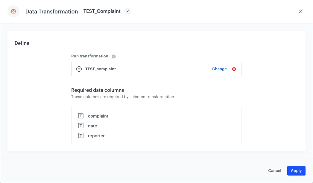 Example of the configuration of the Data Transformation node