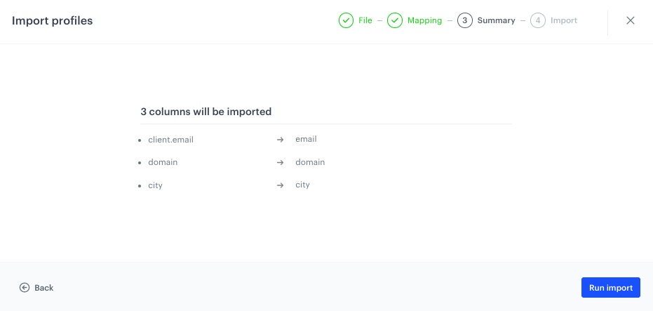 The view of the import summary